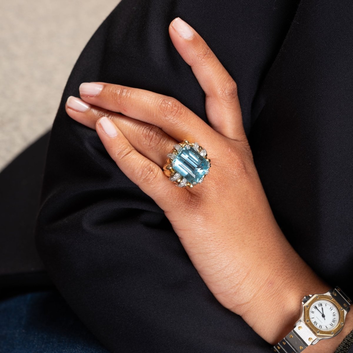 Ring Cocktail in yellow gold, aquamarine and diamonds – Castafiore