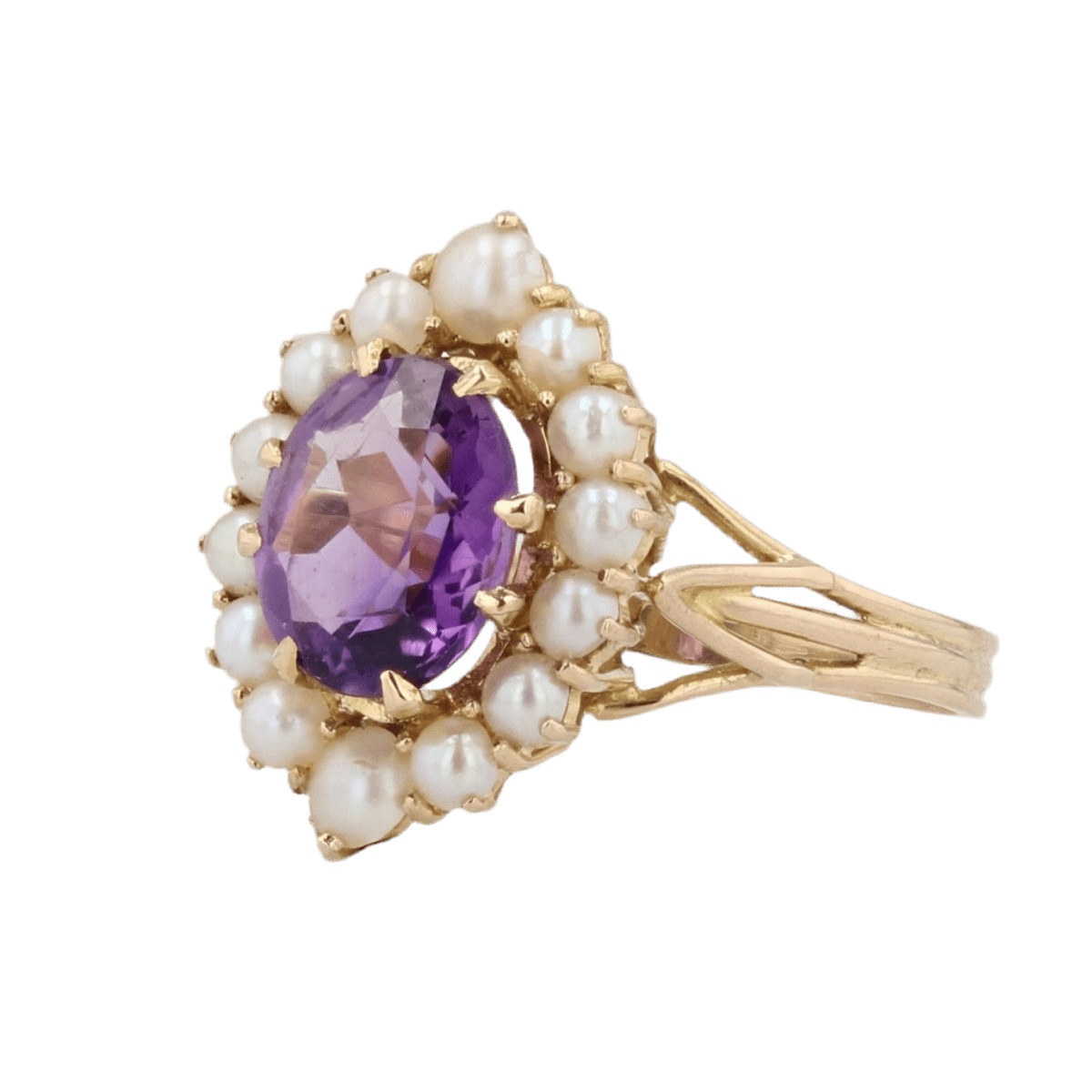 Bague Cocktail en or jaune, améthyste et perles - Castafiore