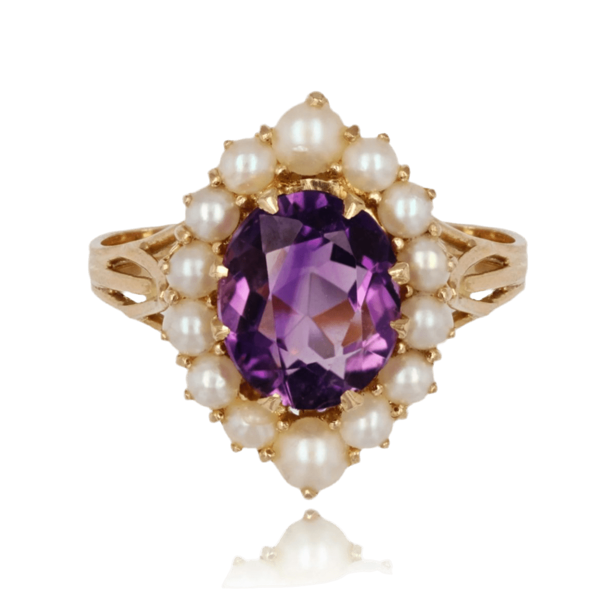 Bague Cocktail en or jaune, améthyste et perles - Castafiore