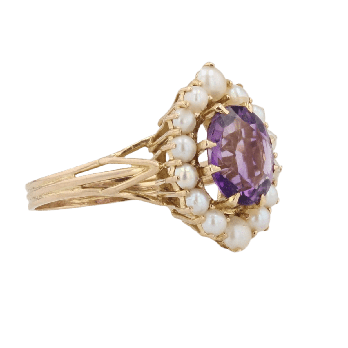 Bague Cocktail en or jaune, améthyste et perles - Castafiore