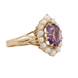 Bague Cocktail en or jaune, améthyste et perles - Castafiore