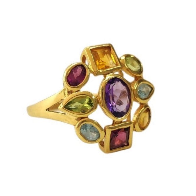 Bague Cocktail en or jaune, améthyste, péridots, aigues-marines, citrines et rhodolites - Castafiore