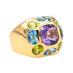 Bague Cocktail en or jaune, améthyste, péridots et topaze - Castafiore