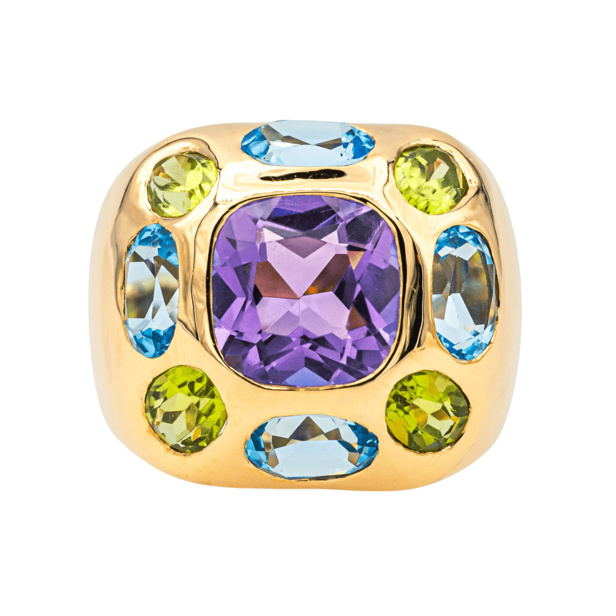 Bague Cocktail en or jaune, améthyste, péridots et topaze - Castafiore