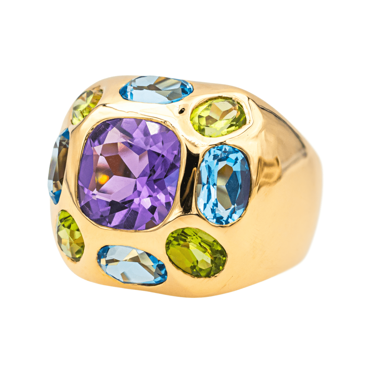 Bague Cocktail en or jaune, améthyste, péridots et topaze - Castafiore