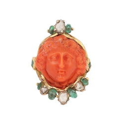 Bague Cocktail en or jaune, corail, émeraudes et diamants - Castafiore