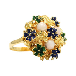 Bague Cocktail en or jaune, émail et corail - Castafiore