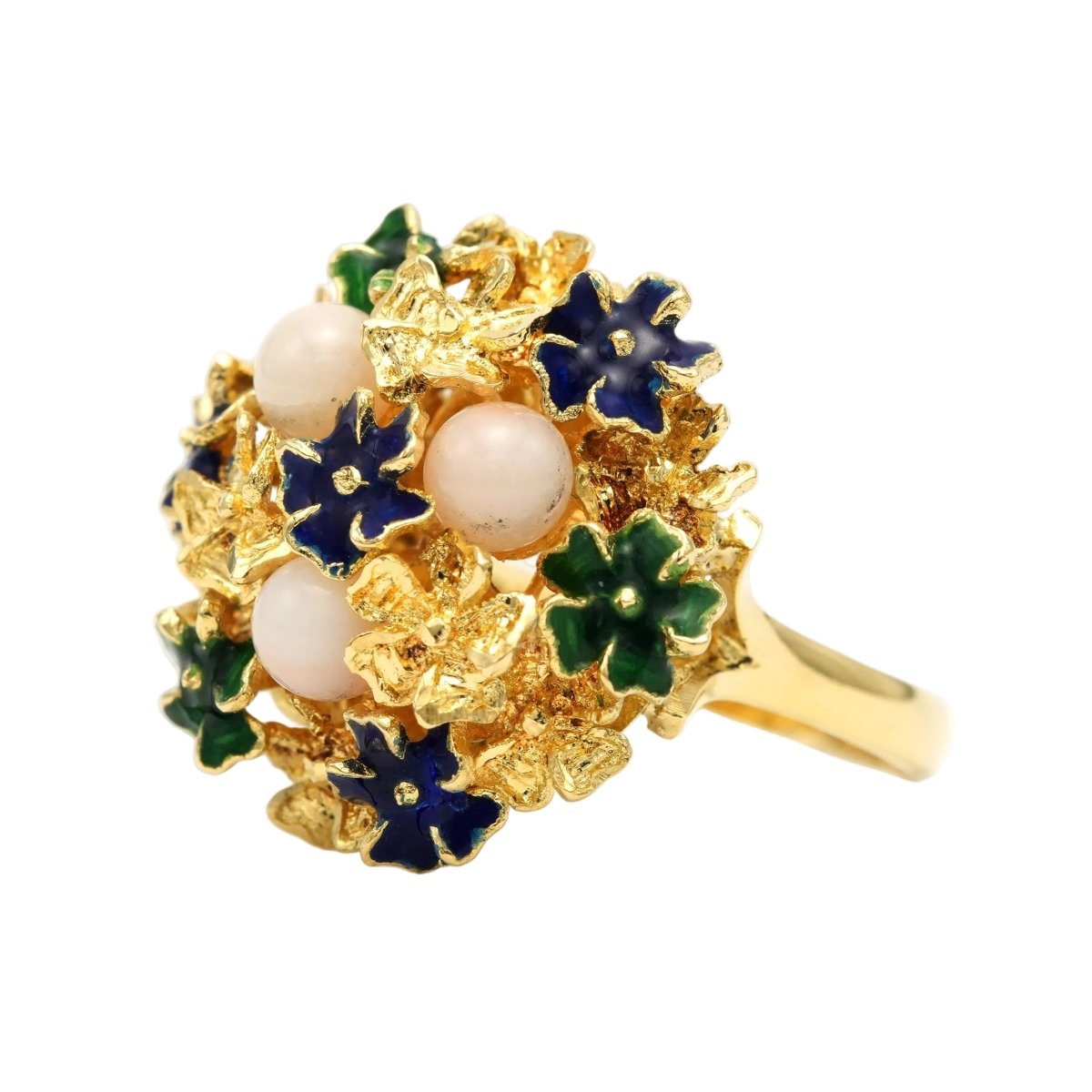 Bague Cocktail en or jaune, émail et corail - Castafiore