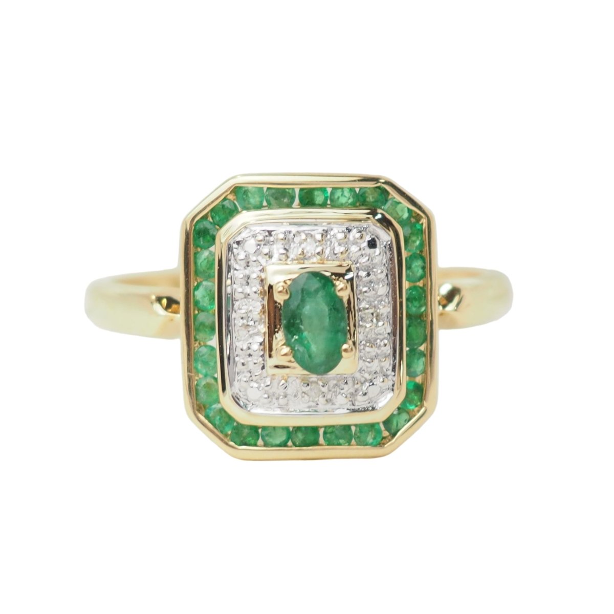 Bague Cocktail en or jaune, émeraude, et diamants - Castafiore