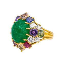 Bague Cocktail en or jaune, émeraude, saphirs, rubis, topazes et diamants - Castafiore