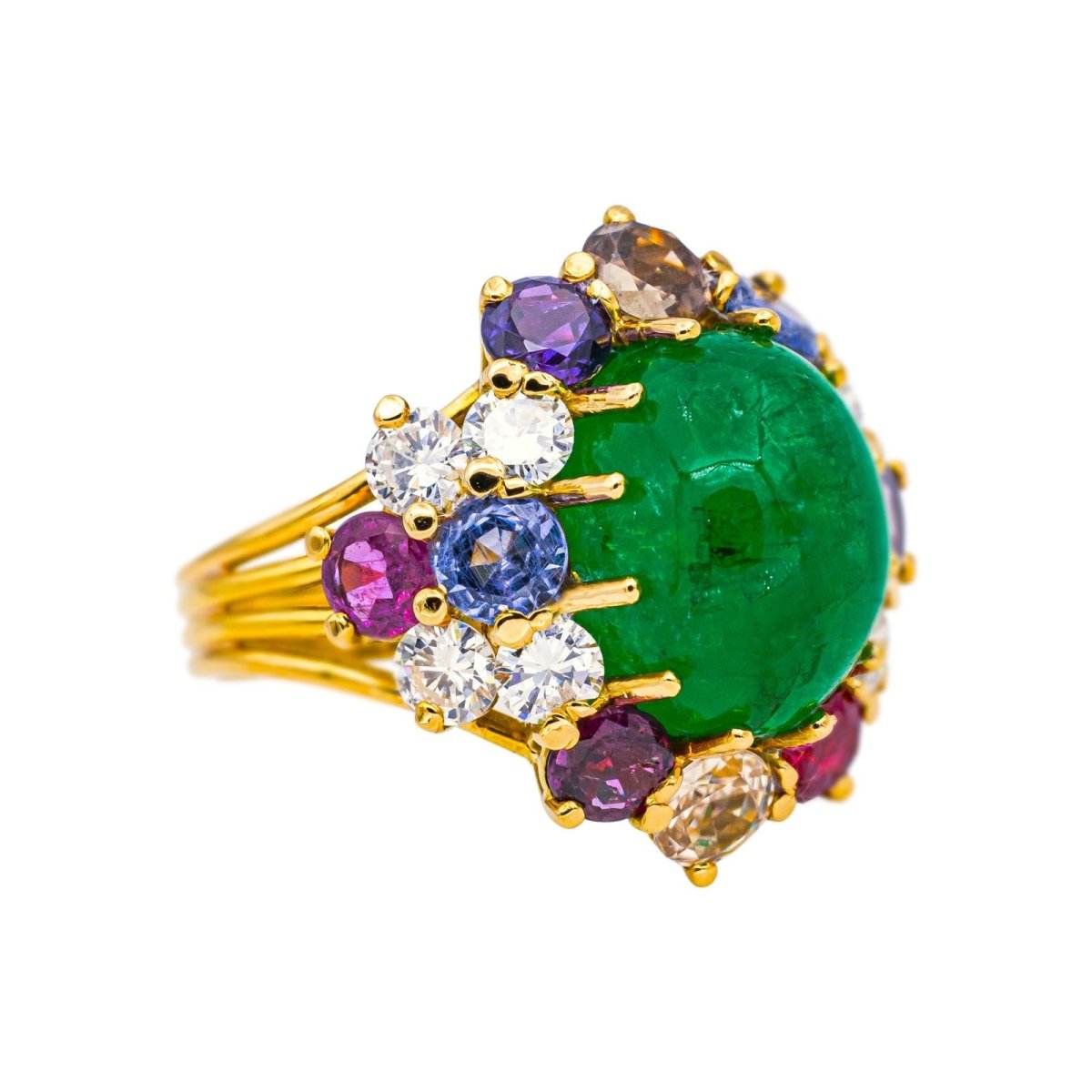 Bague Cocktail en or jaune, émeraude, saphirs, rubis, topazes et diamants - Castafiore