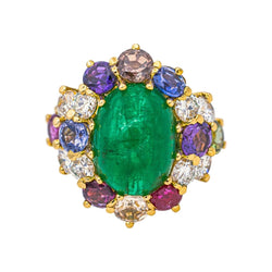 Bague Cocktail en or jaune, émeraude, saphirs, rubis, topazes et diamants - Castafiore