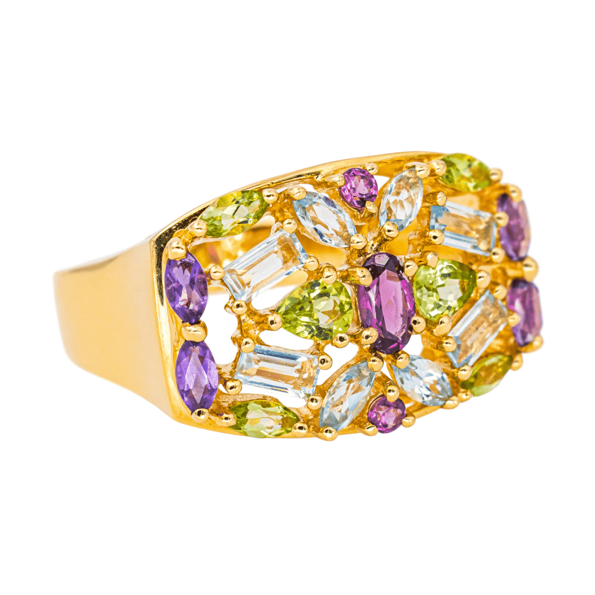 Bague Cocktail en or jaune, grenat, aigue - marines, péridots et améthystes - Castafiore