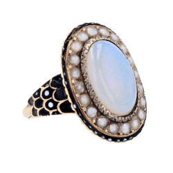 Bague Cocktail en or jaune, opale, perles et émail - Castafiore