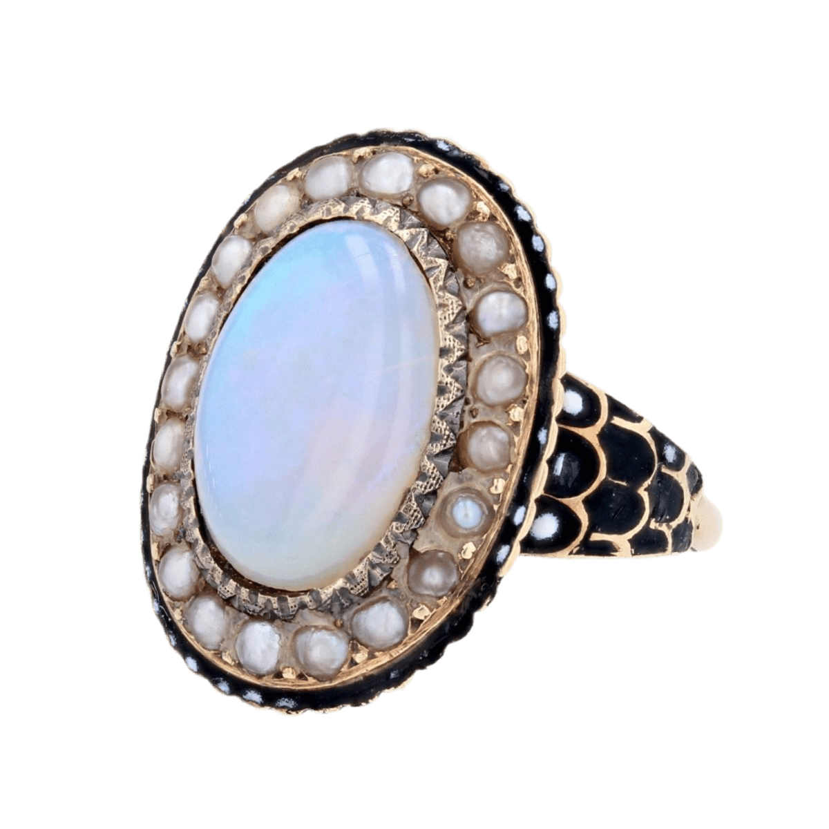 Bague Cocktail en or jaune, opale, perles et émail - Castafiore