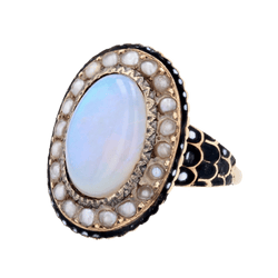 Bague Cocktail en or jaune, opale, perles et émail - Castafiore