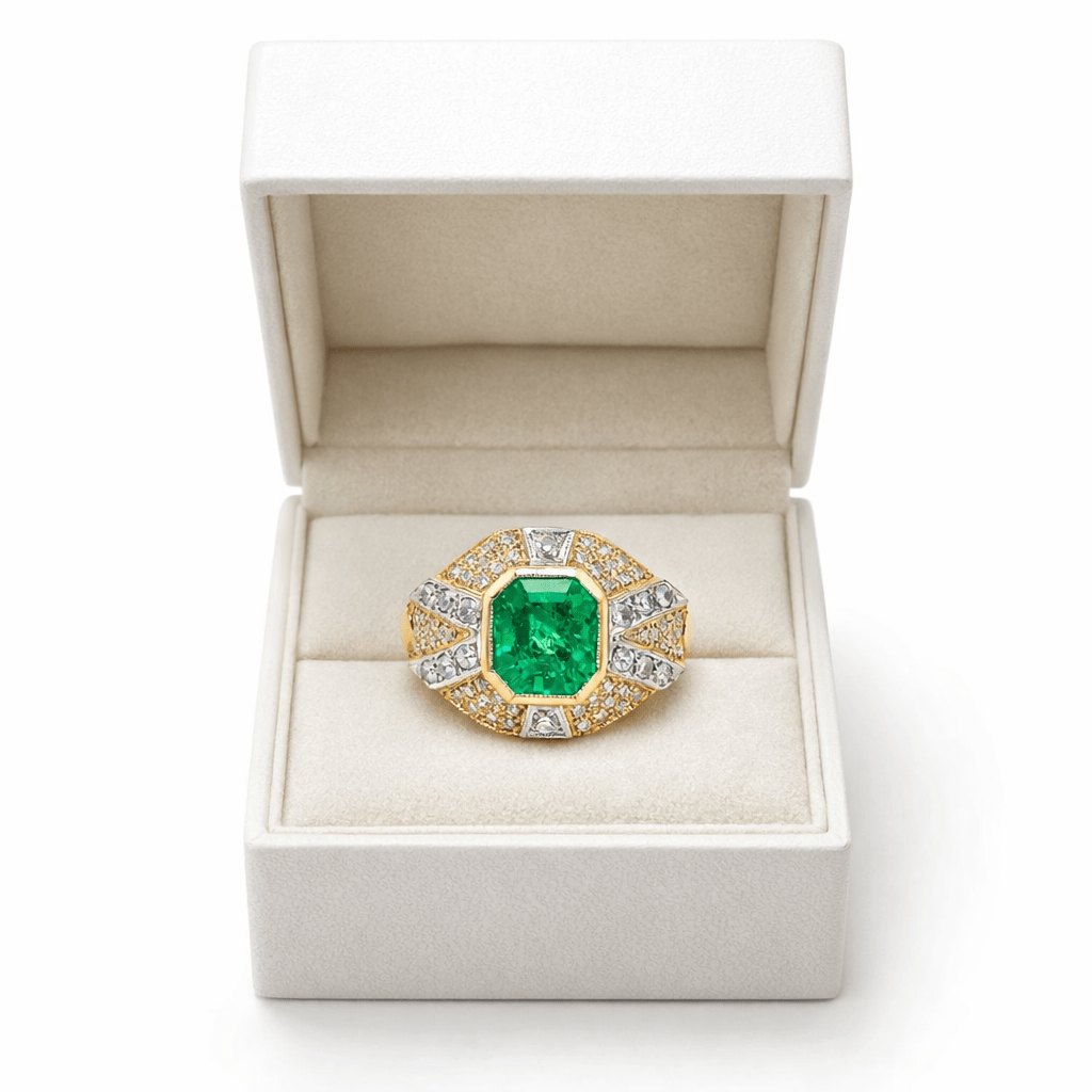 Bague Cocktail en or jaune, or blanc, émeraude et diamants - Castafiore