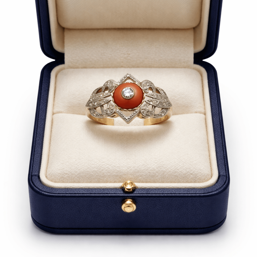 Bague Cocktail en or jaune, or blanc, platine, corail et diamants - Castafiore