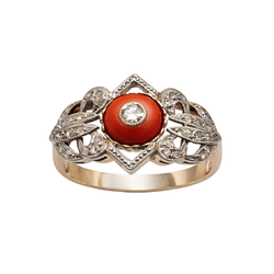 Bague Cocktail en or jaune, or blanc, platine, corail et diamants - Castafiore