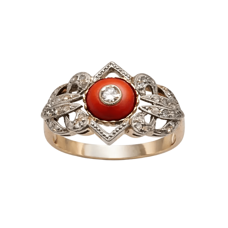 Bague Cocktail en or jaune, or blanc, platine, corail et diamants - Castafiore