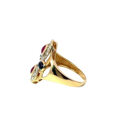 Bague Cocktail en or jaune, or blanc, rubis, saphirs et diamants - Castafiore