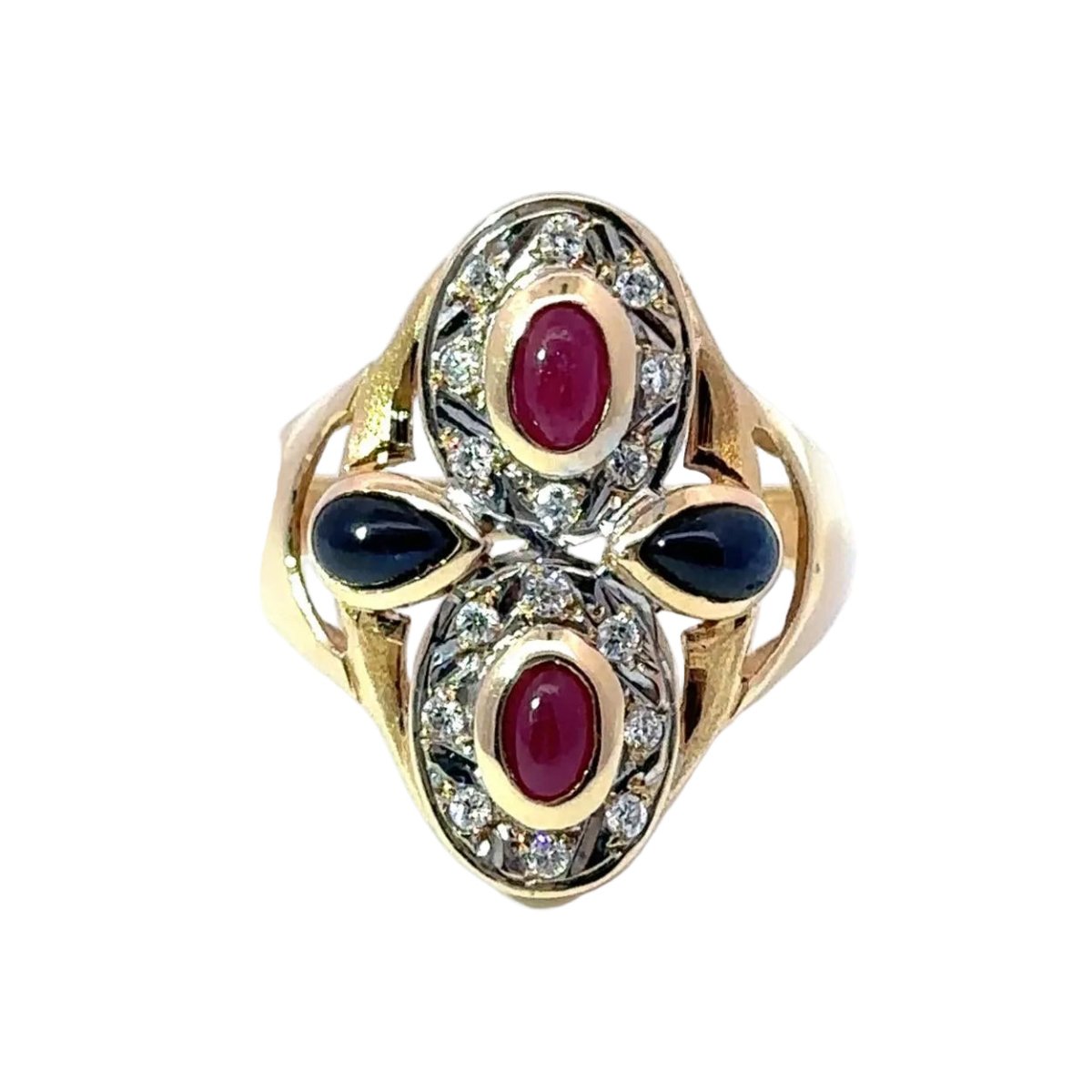 Bague Cocktail en or jaune, or blanc, rubis, saphirs et diamants - Castafiore
