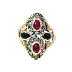 Bague Cocktail en or jaune, or blanc, rubis, saphirs et diamants - Castafiore