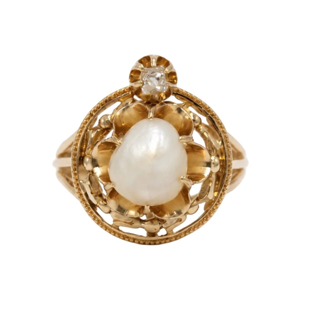 Bague Cocktail en or jaune, perle et diamant - Castafiore