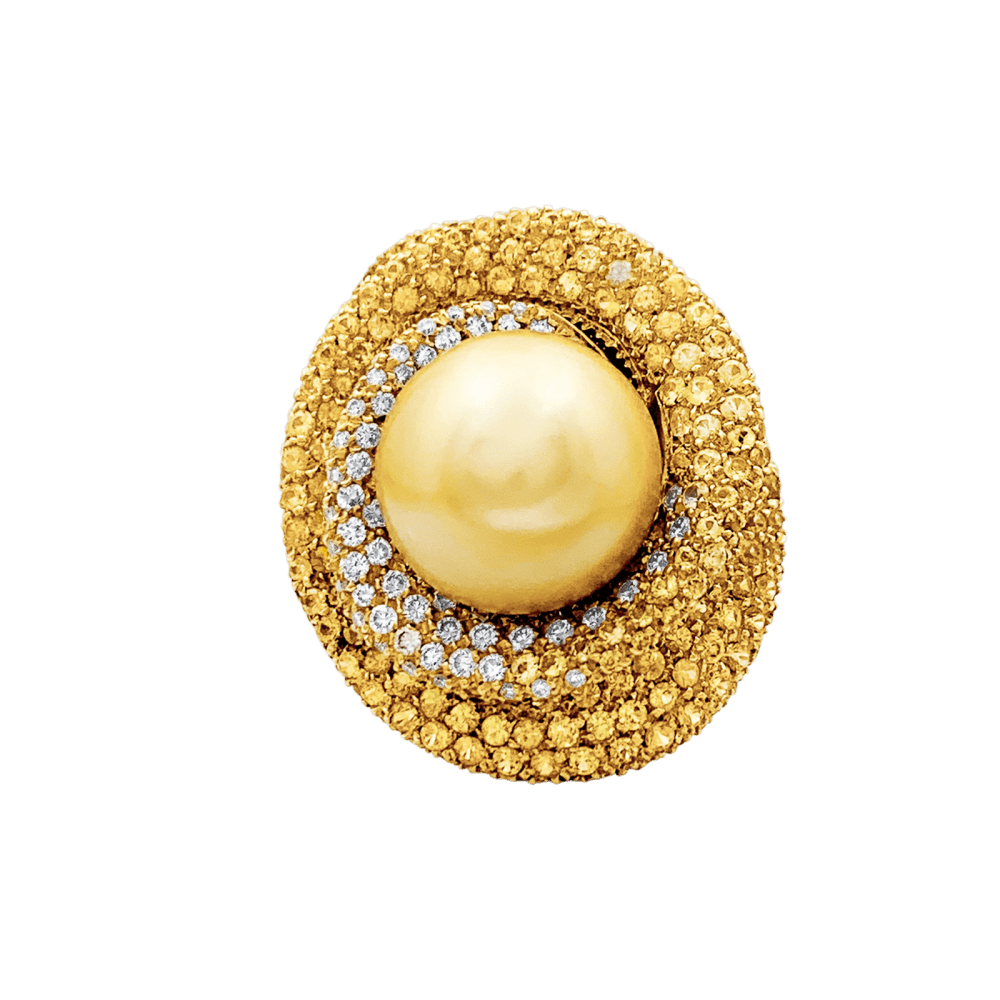 Bague Cocktail en or jaune, perle, saphirs et diamants - Castafiore