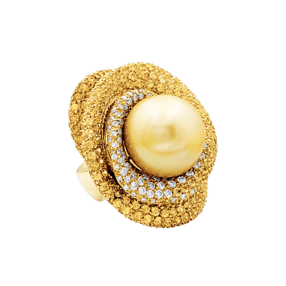Bague Cocktail en or jaune, perle, saphirs et diamants - Castafiore