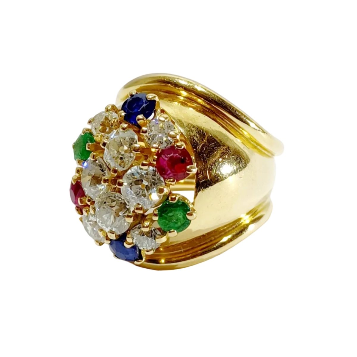 Bague Cocktail en or jaune, rubis, émeraudes, saphirs et diamants - Castafiore