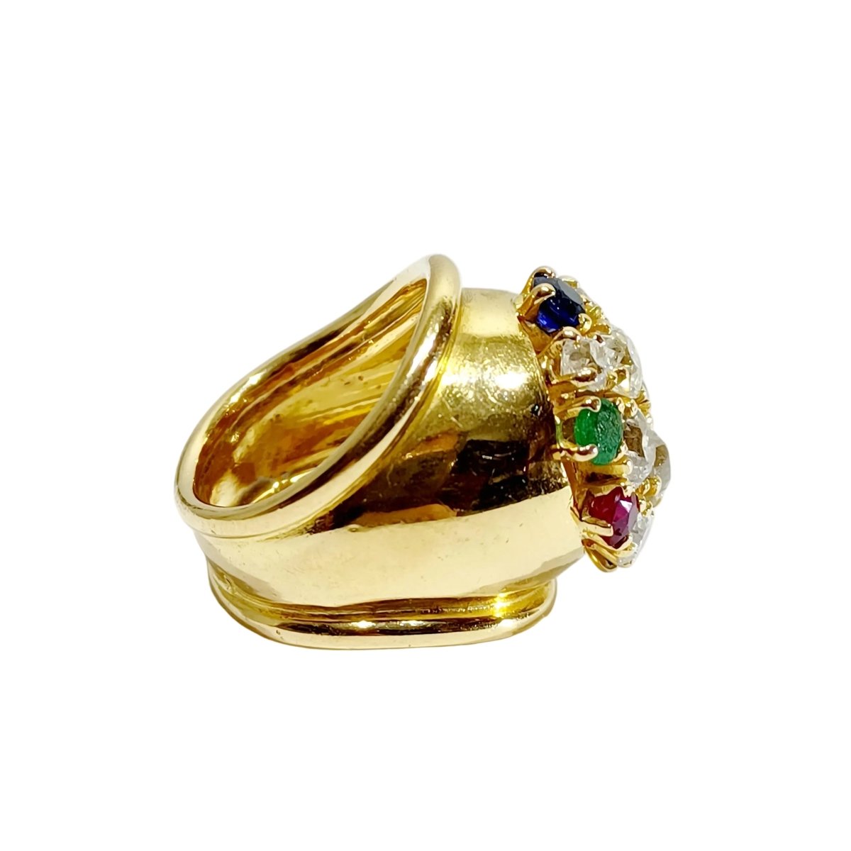 Bague Cocktail en or jaune, rubis, émeraudes, saphirs et diamants - Castafiore