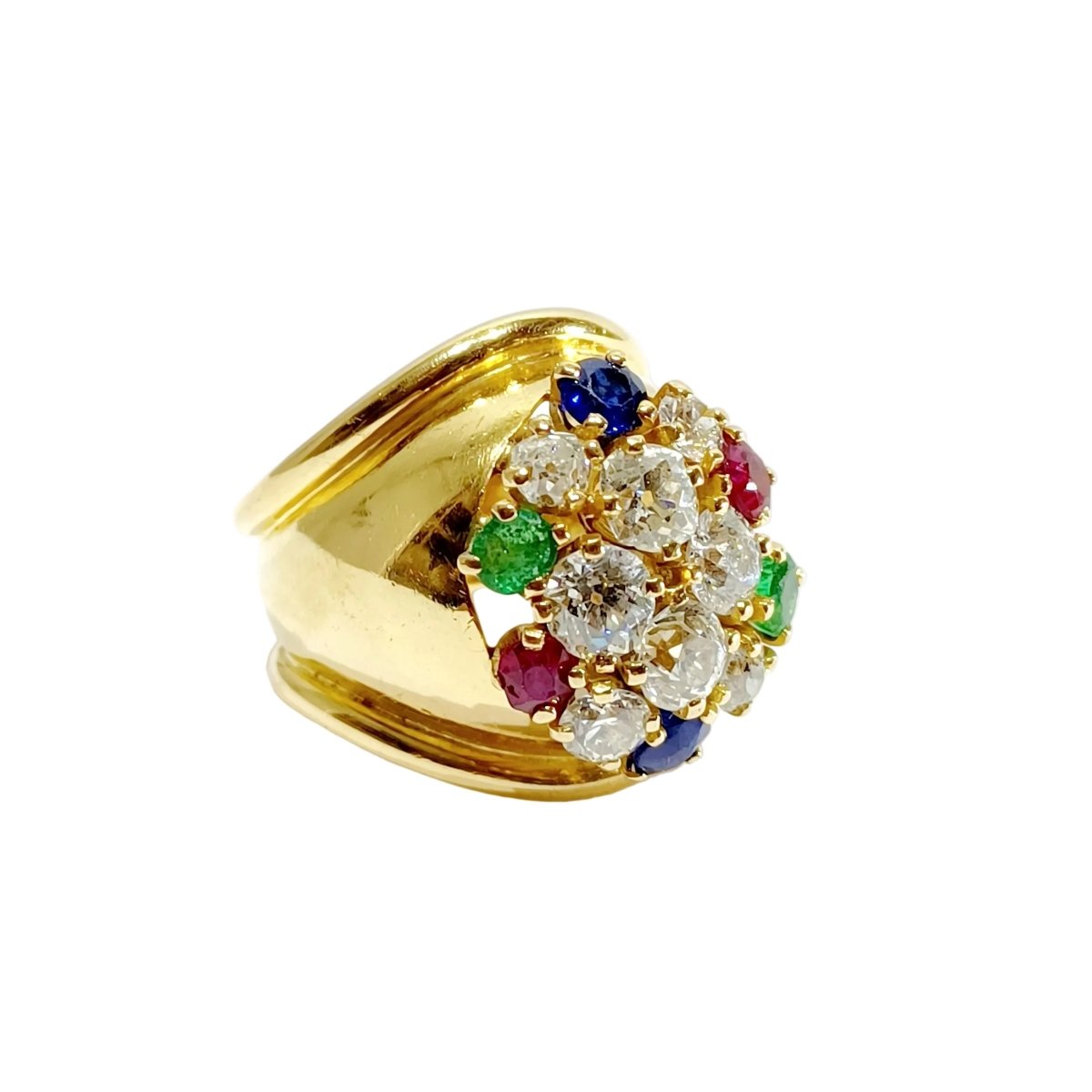 Bague Cocktail en or jaune, rubis, émeraudes, saphirs et diamants - Castafiore
