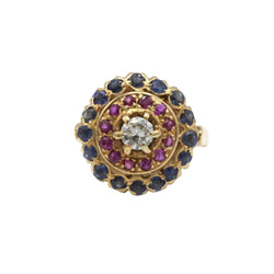 Bague Cocktail en or jaune, rubis, saphirs et diamants - Castafiore
