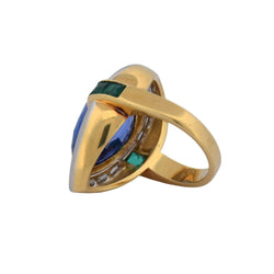 Bague Cocktail en or jaune, saphir, émeraude et diamants - Castafiore