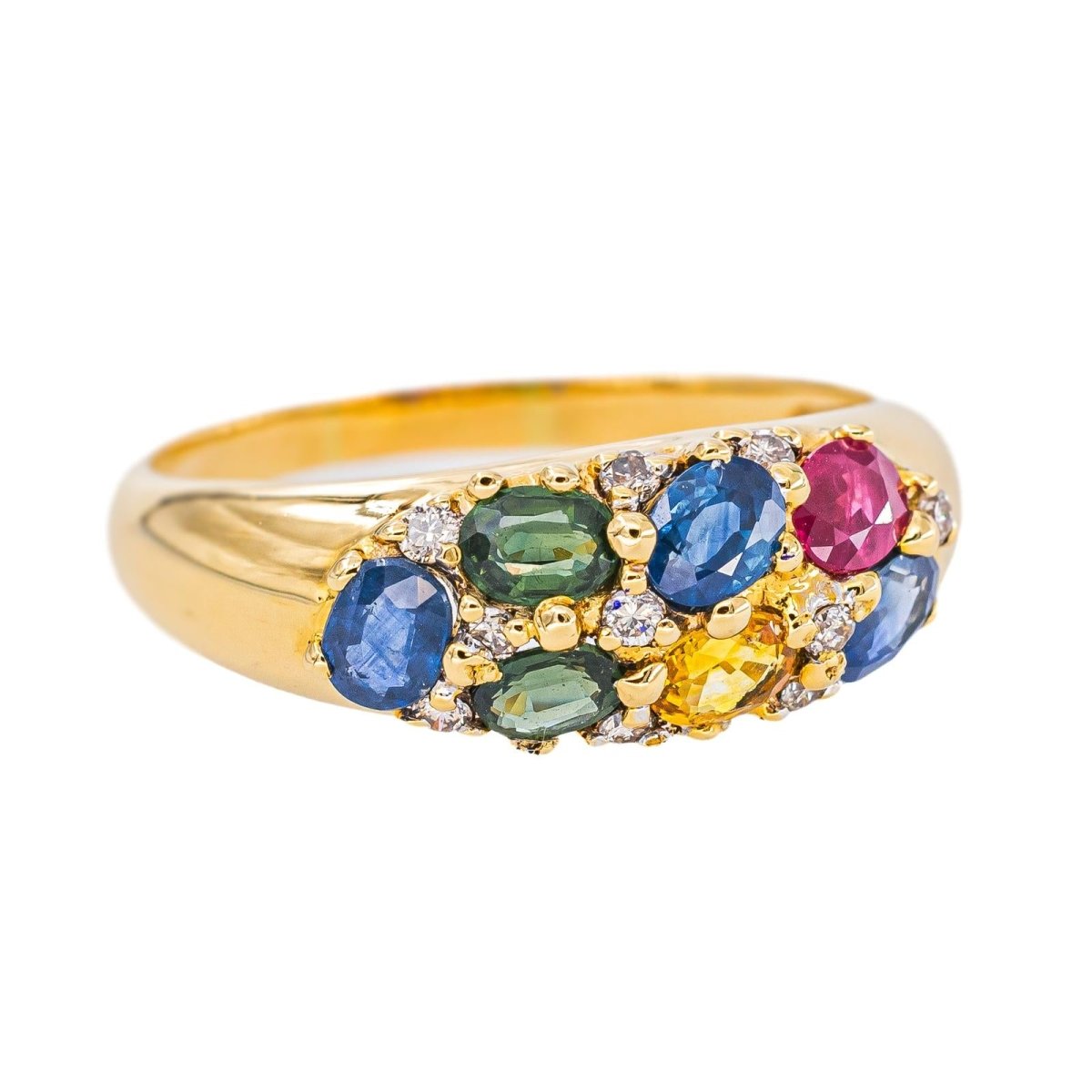Bague Cocktail en or jaune, saphirs, rubis et diamants - Castafiore