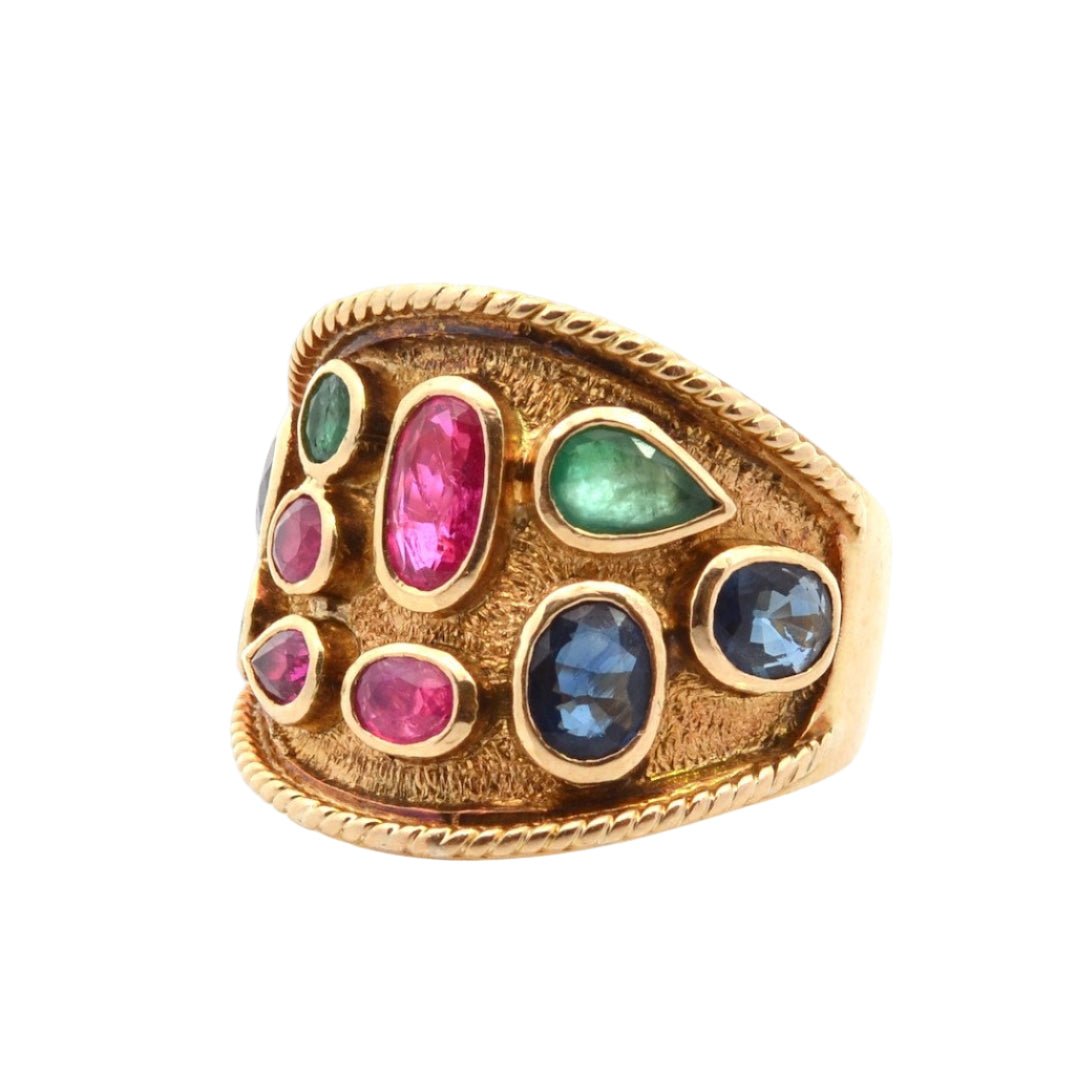 Bague Cocktail en or jaune, saphirs, rubis, et émeraudes - Castafiore
