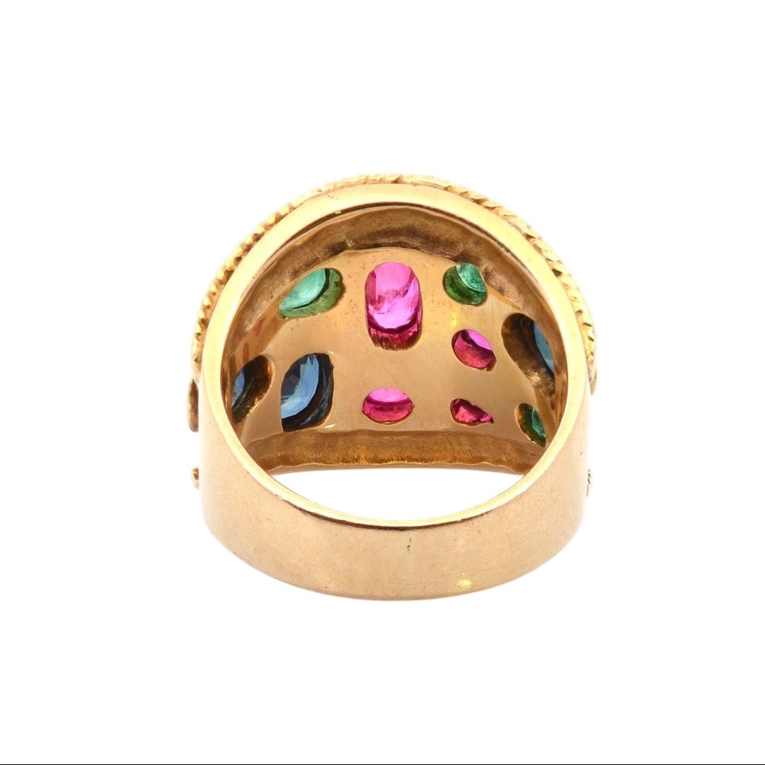 Bague Cocktail en or jaune, saphirs, rubis, et émeraudes - Castafiore