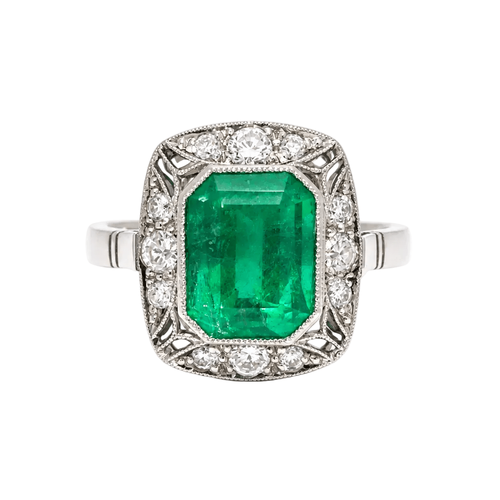 Bague Cocktail en platine, émeraude et diamants - Castafiore