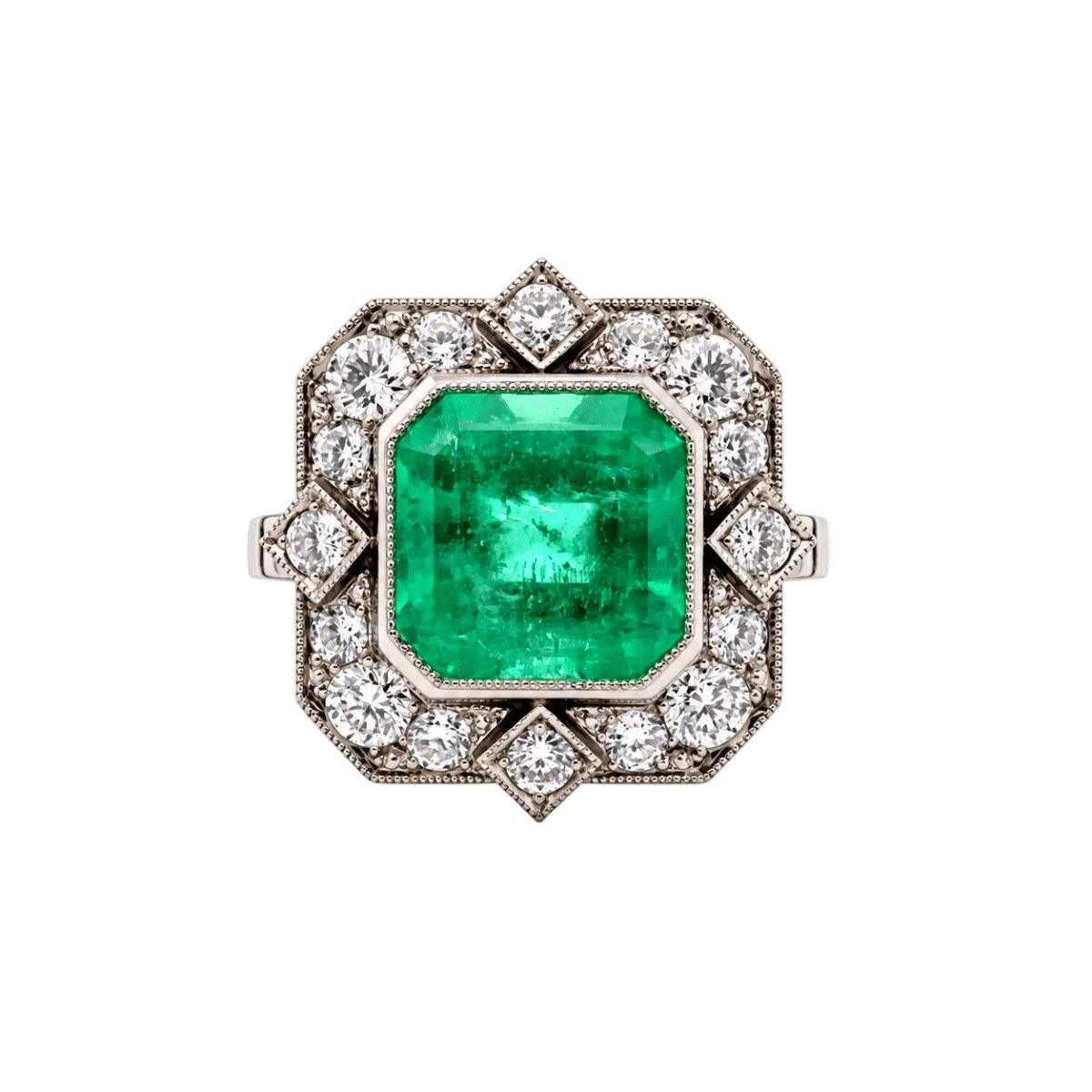 Bague Cocktail en platine, émeraude et diamants - Castafiore
