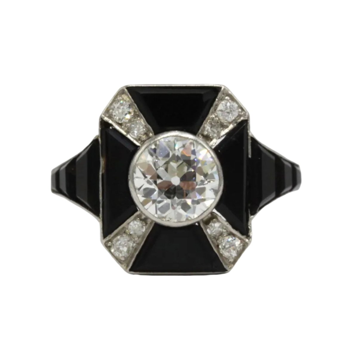 Bague Cocktail en platine, onyx et diamants - Castafiore