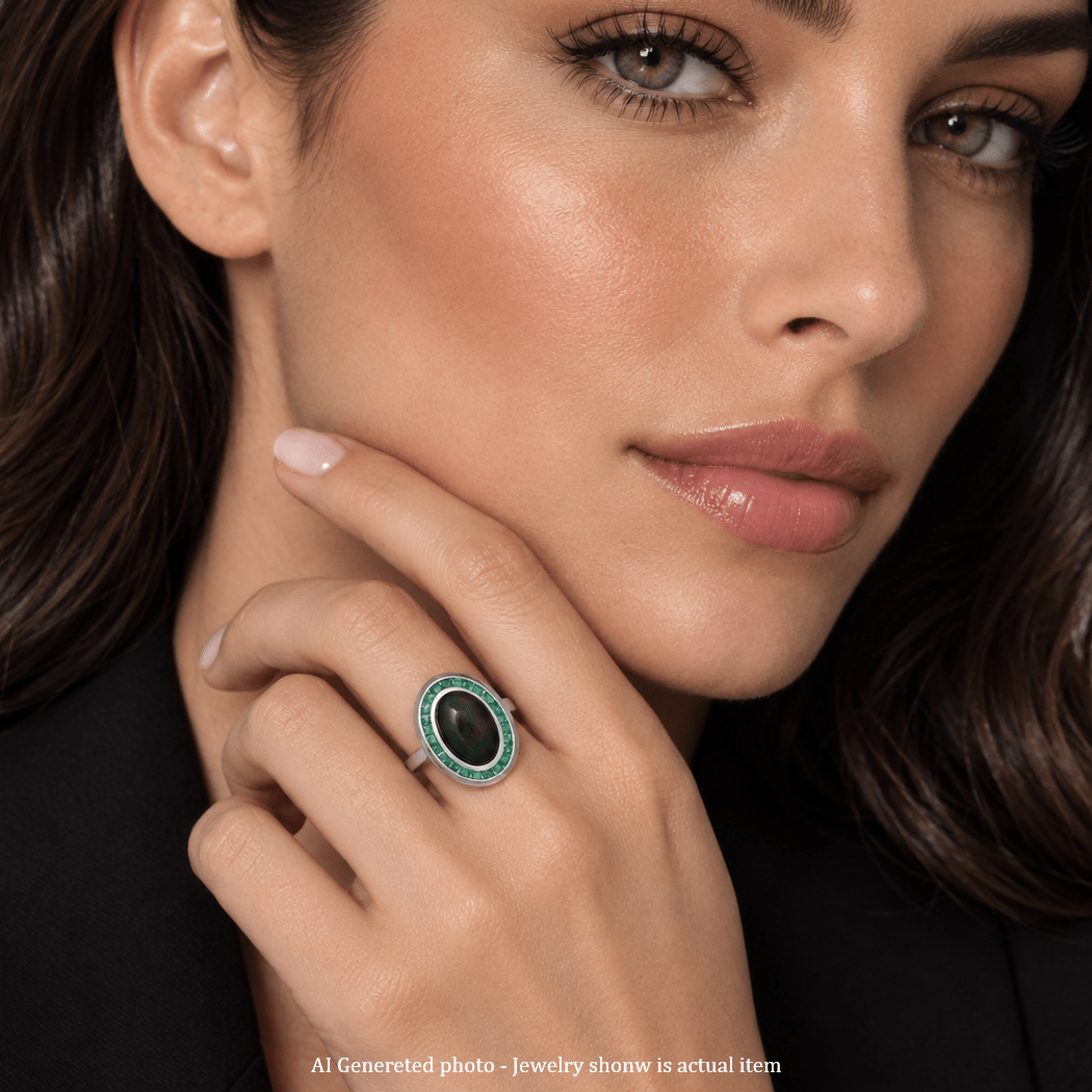 Bague Cocktail en platine, opale et émeraudes - Castafiore