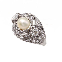 Bague Cocktail en platine, perle et diamants - Castafiore