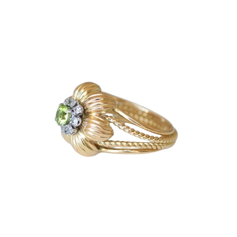 Bague Cocktail Fleur Péridot Diamants Or Jaune - Castafiore