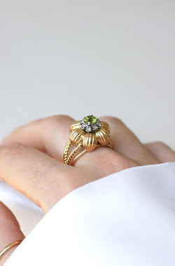 Bague Cocktail Fleur Péridot Diamants Or Jaune - Castafiore