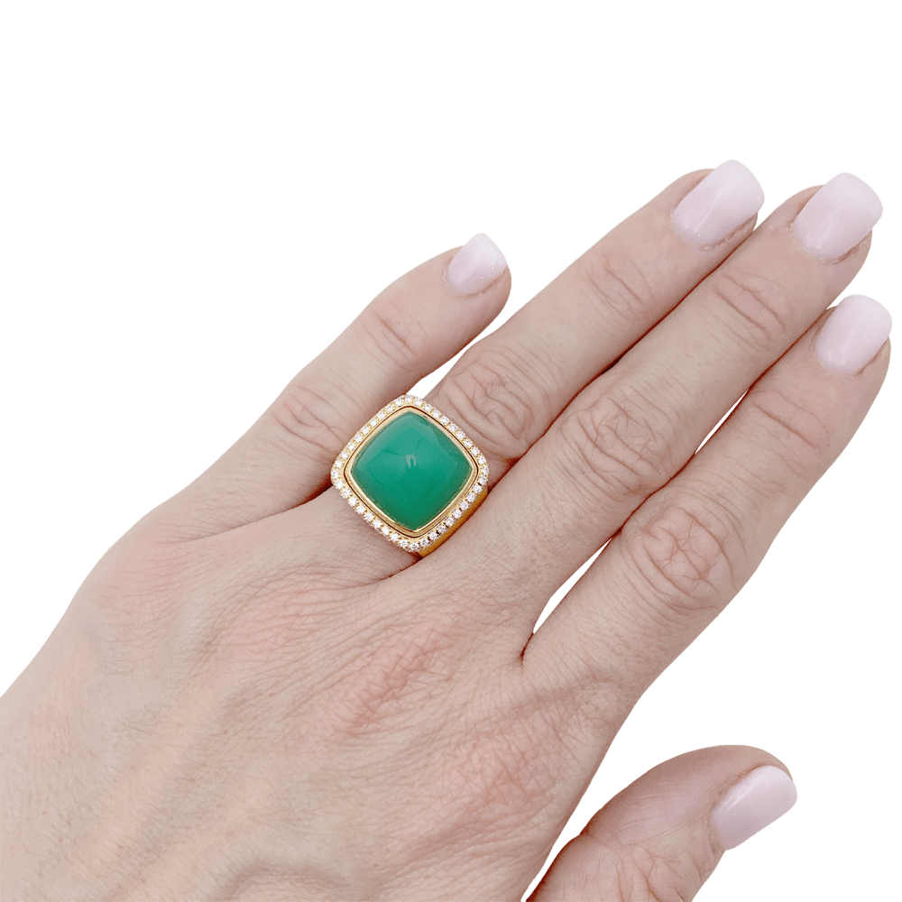 Bague Cocktail FRED "Pain de Sucre" en or jaune, chrysoprase et diamants - Castafiore