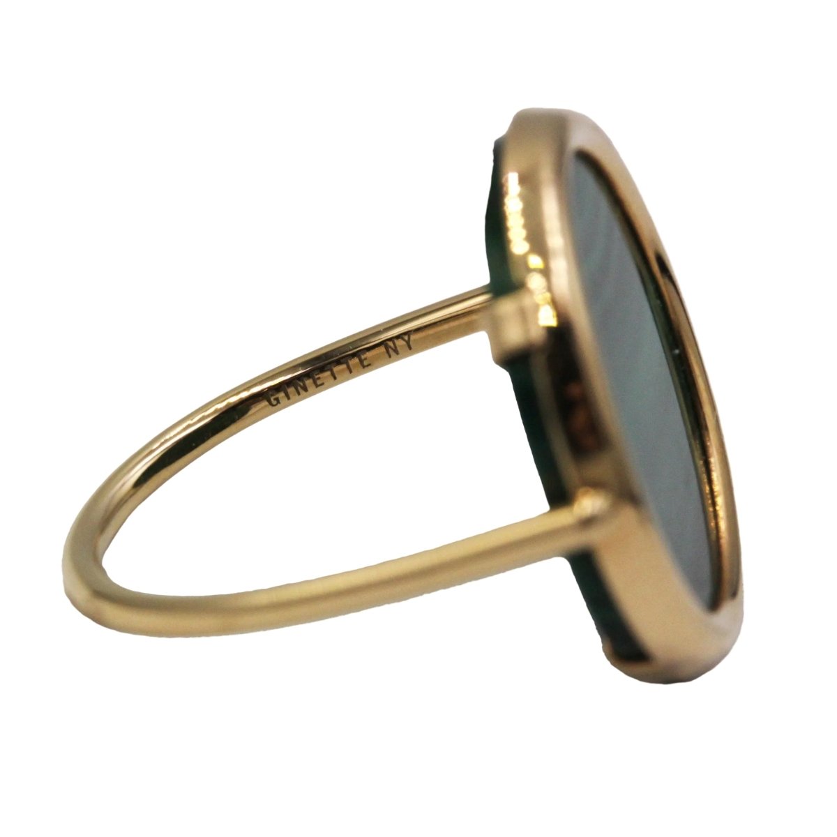 Bague Cocktail GINETTE NY "Disc Ring Ever" en or rose et malachite - Castafiore