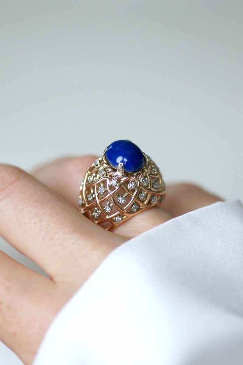 Bague Cocktail Lapis Lazuli et Diamants Or Jaune - Castafiore