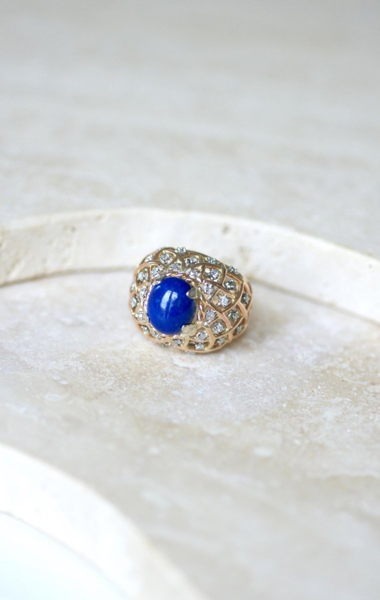 Bague Cocktail Lapis Lazuli et Diamants Or Jaune - Castafiore