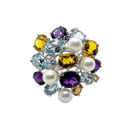Bague Cocktail LUCIANO SOMENZI en or blanc, améthystes, quartz, topazes et perles - Castafiore